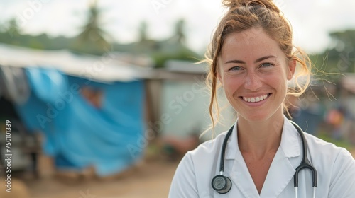A portrait of a cheerful female medical professional with a stethoscope, serving in a rural healthcare setting. photo