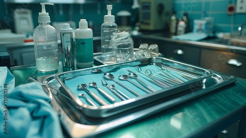 An array of sterile surgical instruments laid out on a tray in the operating room, with sanitizing solutions nearby. photo