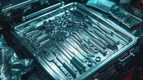 A detailed view of a wide array of shiny surgical tools meticulously arranged on a metal tray in a surgical operating theater.