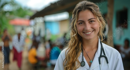 A young and approachable female doctor wearing a lab coat and stethoscope smiles warmly in a community clinic environment.