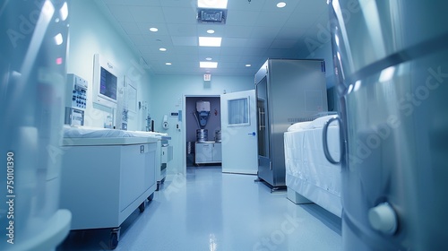 A sterilization room in a hospital showcasing modern medical equipment, including an autoclave for sterilizing instruments.
