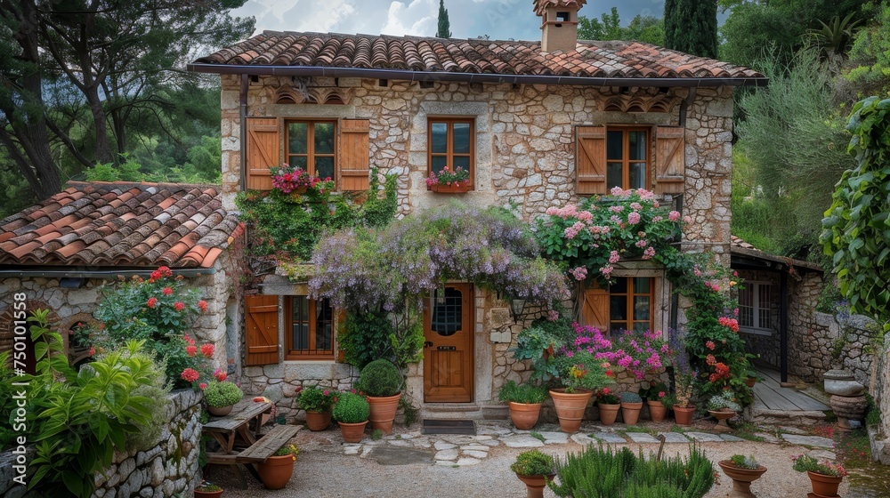 Fototapeta premium This picturesque stone cottage is adorned with a vibrant garden, blooming flowers, and climbing plants, nestled in a lush green setting.