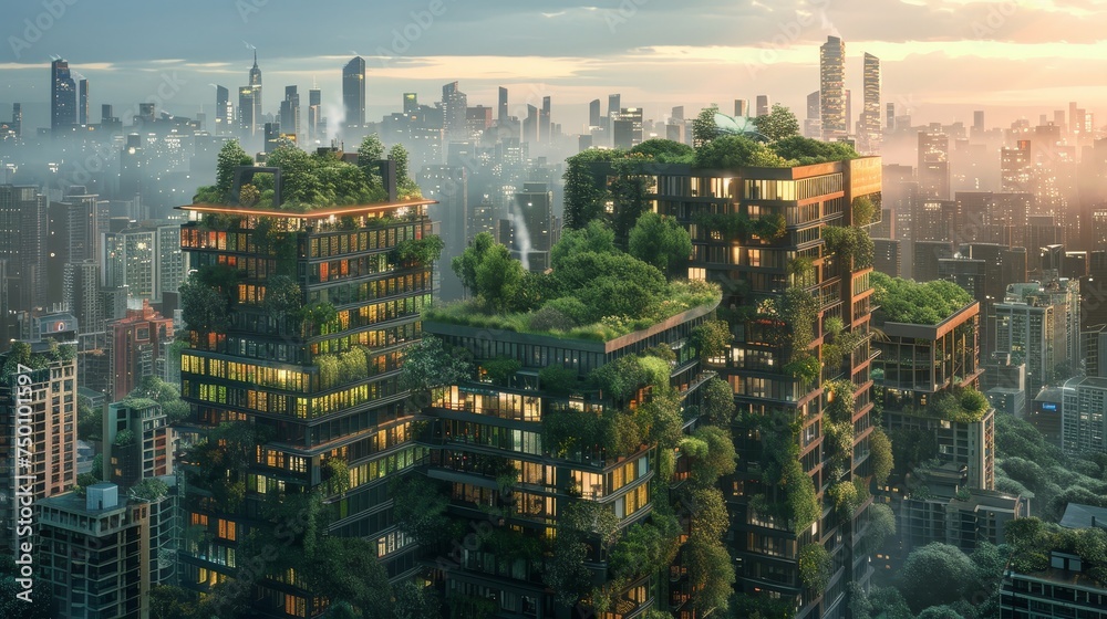 These urban residential towers are adorned with vertical gardens, integrating lush greenery into the cityscape and enhancing the skyline with sustainable living concepts. - obrazy, fototapety, plakaty 