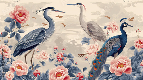 chinoiserie pattern with heron birds on neutral background. Vintage wallpaper ideal for interior design photo
