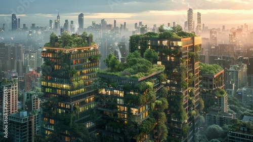 These urban residential towers are adorned with vertical gardens, integrating lush greenery into the cityscape and enhancing the skyline with sustainable living concepts. photo