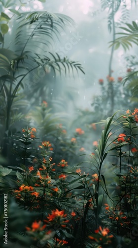 A serene image capturing the mystical atmosphere of a misty forest with vivid orange flowers and lush green foliage