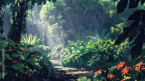 A captivating digital artwork of a lush forest with sunrays filtering through the dense canopy  highlighting the serene beauty of nature