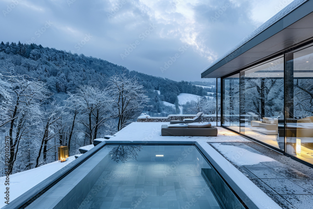 Luxury hotel resort with swimming pool. Outdoor lounge zone in villa with view on winter forest landscape Luxury hotel resort with swimming pool. Outdoor lounge zone in villa with view on winter forest landscape
