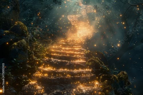 Glowing path leading to heaven. Mystical stairway ascends through clouds, illuminated by dazzling light, evoking a sense of journey to celestial domain