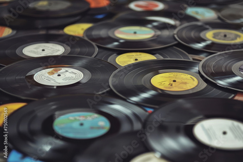 Collection of classic vintage vinyl records, Retro music background