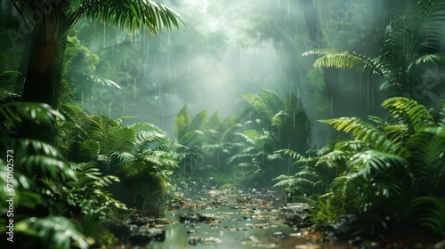 Lush greenery envelops a serene  mist-laden rainforest scene  with ambient sunlight filtering through the dense foliage