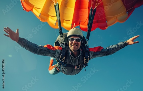 Exhilarated Businessman Skydiving with Open Arms. Joyful businessman skydiving with open arms, enjoying the freedom of the open sky.