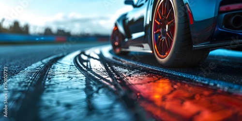Race Cars Speeding on Asphalt Track, Leaving Tire Marks. Concept Race Cars, Speed, Asphalt Track, Tire Marks, Fast-paced Racing