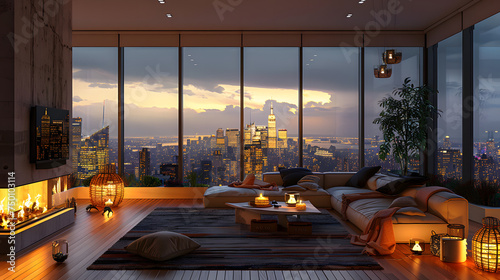 Living room with a view. A luxurious living room in a penthouse with floor windows background AI