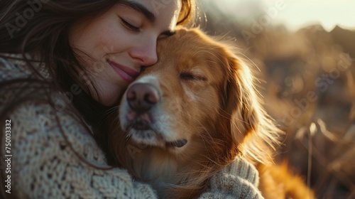 Woman embracing her golden retriever in a loving hug during sunset. Friendship and pet love concept. Design for lifestyle, animal companionship, and emotional pet connections.
