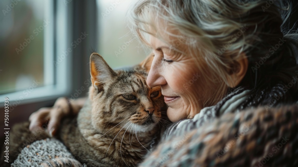 Senior woman enjoying a heartfelt moment with her tabby cat. Close-up of a tender and affectionate inter-species relationship. Ideal imagery for content on pet companionship for the elderly Senior woman enjoying a heartfelt moment with her tabby cat. Close-up of a tender and affectionate inter-species relationship. Ideal imagery for content on pet companionship for the elderly