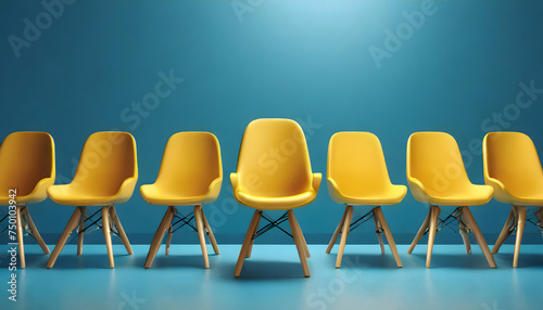 A yellow chair standing out from the crowd of chairs against a blue studio background.