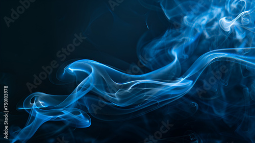 A blue smoke is shown against a black background, Blue smoke abstract on black background ,Blue smoke texture on dark background, abstract magic swirl of steam ,Concept of effect