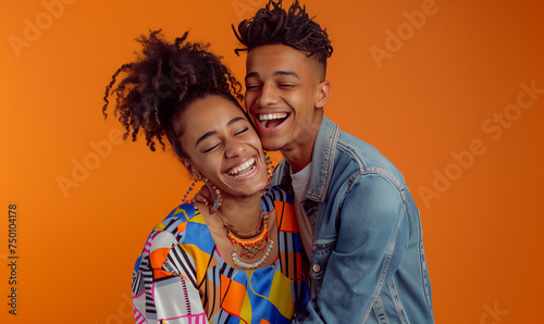 Portrait capturing the joy and bond between two best friends, teenagers, dressed in trendy and colorful outfits. © stefanholm