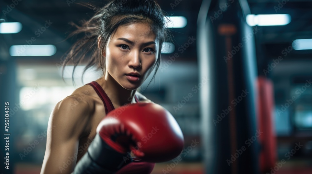 An Asian woman in a gym wearing boxing gloves and preparing for a boxing workout.