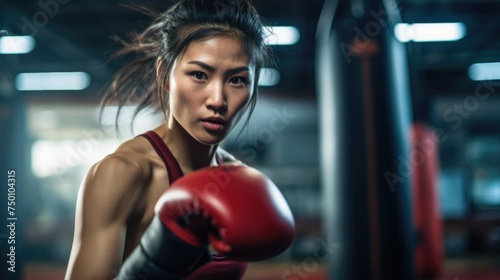 An Asian woman in a gym wearing boxing gloves and preparing for a boxing workout. © Vitalii But