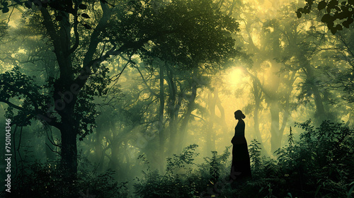 Ancient tapestry silhouette vintage photography enchanted forest clearing dramatic chiaroscuro dreamlike atmosphere