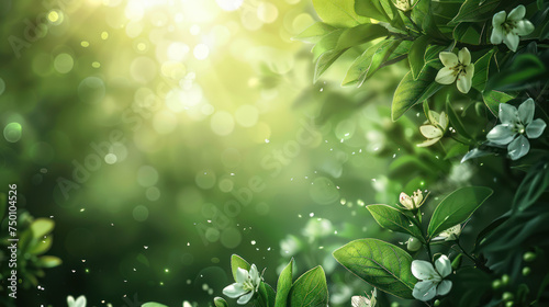 Sunlight Streaming Through Verdant Foliage With Spring Blossoms in a Peaceful Garden Setting.png