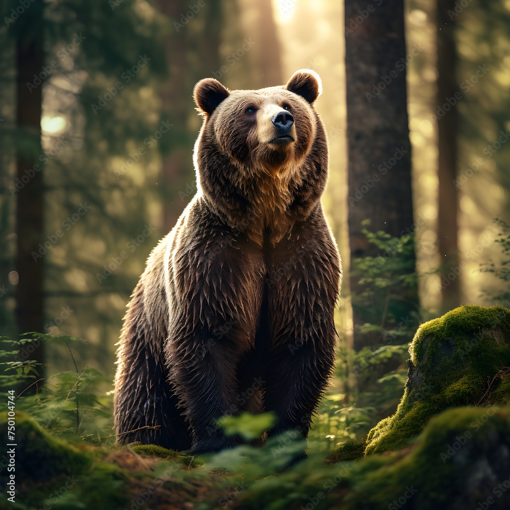 Majestic Brown Bear Standing Tall Amidst The Lush Green Wilderness- Capturing Nature's Raw Resilience.