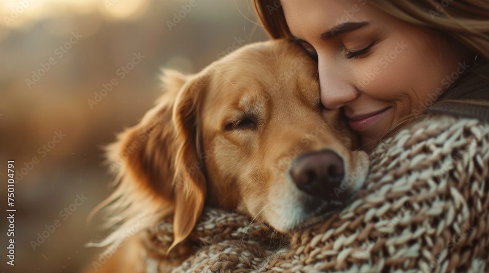 Woman hugging a golden retriever dog with affection. Friendship and love between human and pet concept. Design for veterinary clinic advertisement, animal care guide
