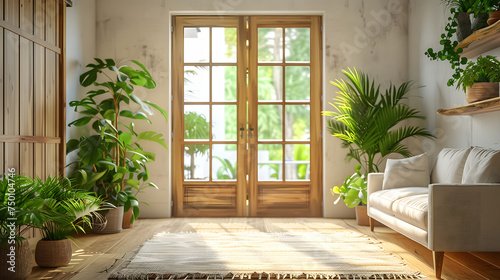 real photo of a living room with a wood opening door  bright light  bright soft sunlight  green plants in the room
