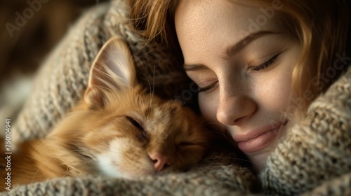 Woman and ginger cat cuddling in a cozy blanket. Bonding and affectionate relationship between pet and owner concept. Design for pet care services, animal shelter promotion