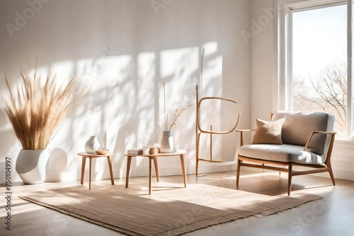 modern living room, A plush and inviting armchair sits gracefully in the corner of an empty room, bathed in the soft morning light filtering through the windows © SANA