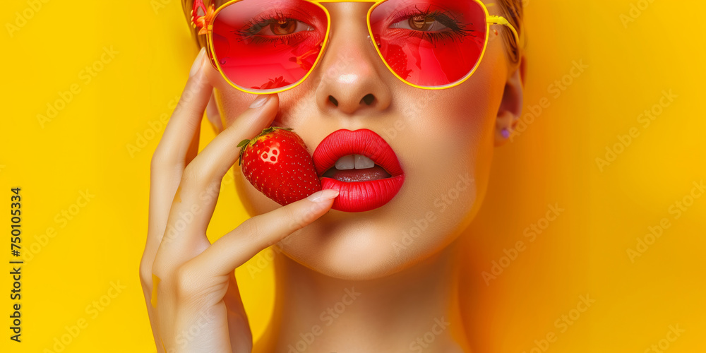 Sexy woman wears red glamorous sunglasses and eats strawberries on a bright yellow background. Bright manicure and lipstick. - obrazy, fototapety, plakaty 