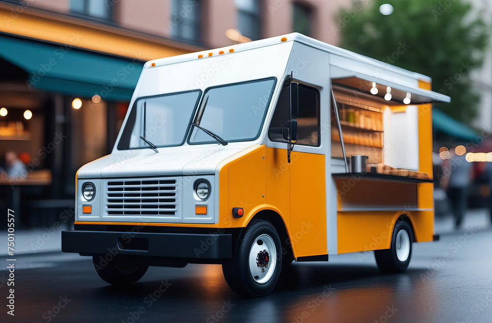 food truck with detailed interior on street. Takeaway. Food car cafe open doors
