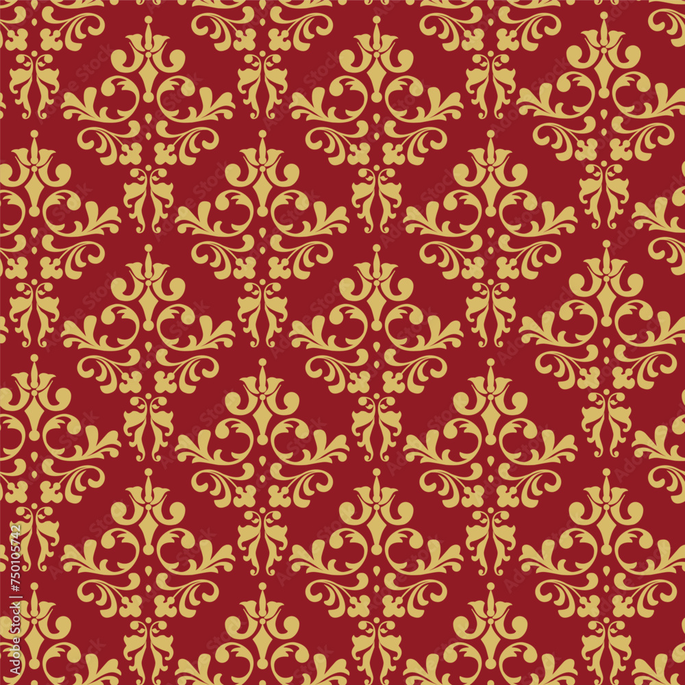 Seamless golden baroque pattern on red background. Seamless golden baroque pattern on red background.