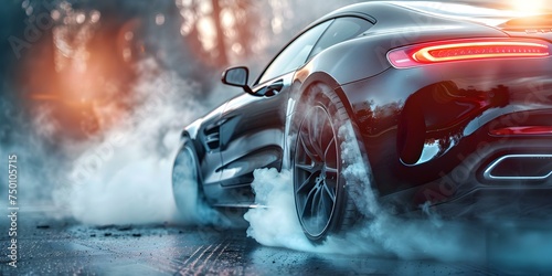 Dramatic closeup shot of a black sports car drifting with smoking tires. Concept Sports Cars, Drifting, Close-up Shot, Smoking Tires, Dramatic Scene © Ян Заболотний