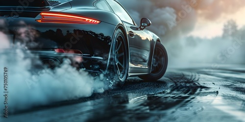 Close-up shot of a black sports car drifting with smoking tires. Concept Car Photography, Drifting, Automotive Photoshoot, Sports Cars, Smoke Effects