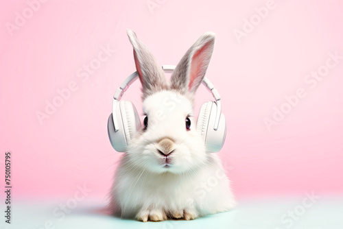 Rabbit Wearing Headphones on a pastel background © petro