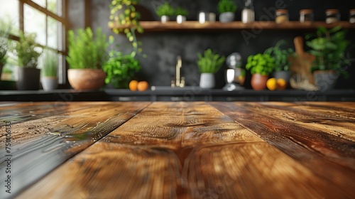 Empty wooden table on the kitchen floor, can be used as a mockup for displaying products.