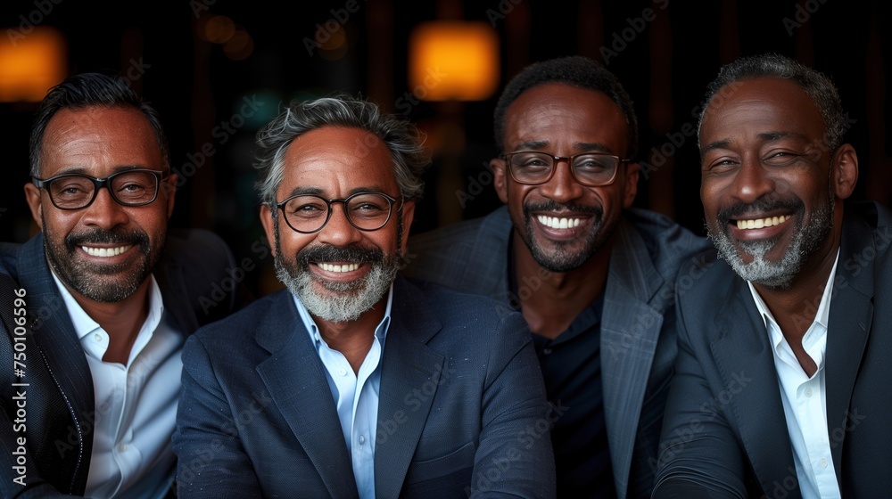 Businessmen laugh together while meeting in modern office lounge. Businessmen laugh together while meeting in modern office lounge.