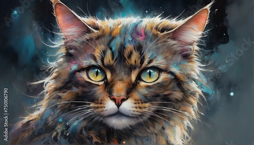 In the stillness of the night, a cat with abstract beauty sits centered, its gaze fixed on the camera. The moonlight dances on its fur, creating a mesmerizing display of psychedelic colors.