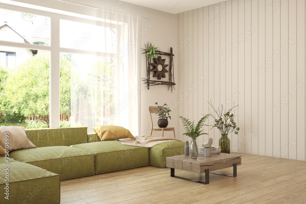 Contemporary classic white interior with furniture and decor and summer landscape in window. Scandinavian interior design. 3D illustration