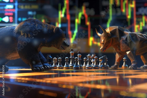 Intense Battle Between Bear and Bull Chess Pieces on Grand Chessboard with Fluctuating Stock Market Charts, Symbolizing Market Volatility and Strategic Decision-Making Concept