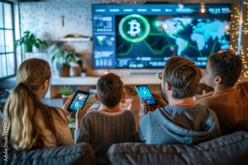 Family Sharing and Discussing Bitcoin Trends in Living Room with Cryptocurrency News on TV Screen in Background, Emphasizing the Concept of Modern Technology and Finance