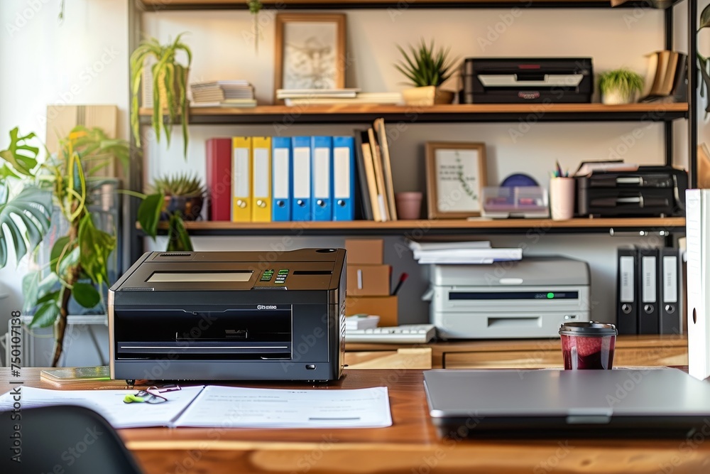 Sleek and Modern Home Office Setup with Organized Desk Featuring Document Scanner, High-Speed Printer, and Tools for Document Management Concept Sleek and Modern Home Office Setup with Organized Desk Featuring Document Scanner, High-Speed Printer, and Tools for Document Management Concept