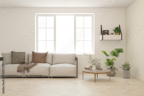White living room with sofa. Scandinavian interior design. 3D illustration