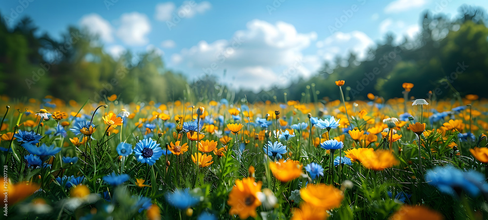 Beautiful blooming spring meadow with colorful flowers. Panoramic view. Wild flowers in a meadow at sunny day.