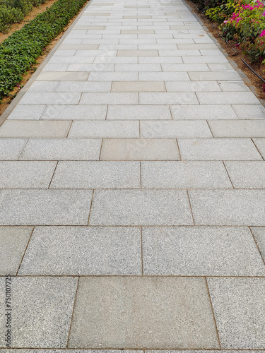 Concrete paver tiles path walkway, footpath or road in landscape.