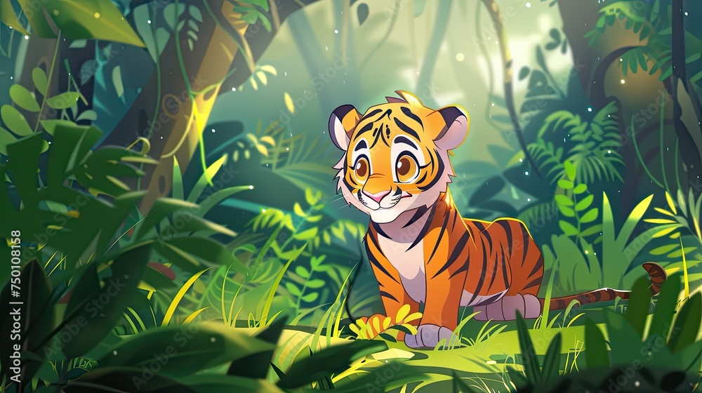 cartoon tiger cub in the forest. cute animal cartoon tiger cub in the forest. cute animal
