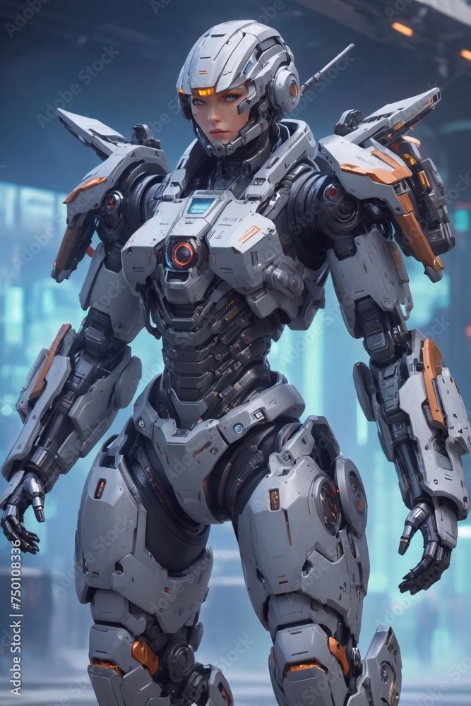 Heavily armed mech soldier from the future. AI generated illustration Heavily armed mech soldier from the future. AI generated illustration
